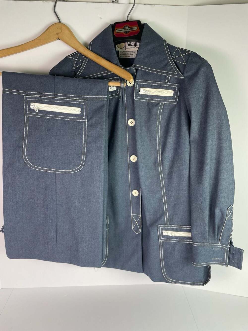 Wenjilli Vintage 70s Blue 2-Piece Pant Suit Jacket & Pants Contrast Size 7/8